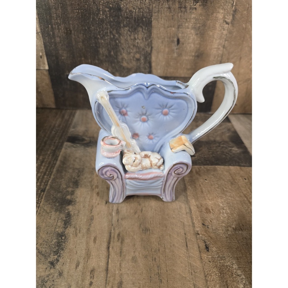Vintage Periwinkle Blue Ceramic Armchair Creamer Pitcher Sleeping Cat Gold Trim